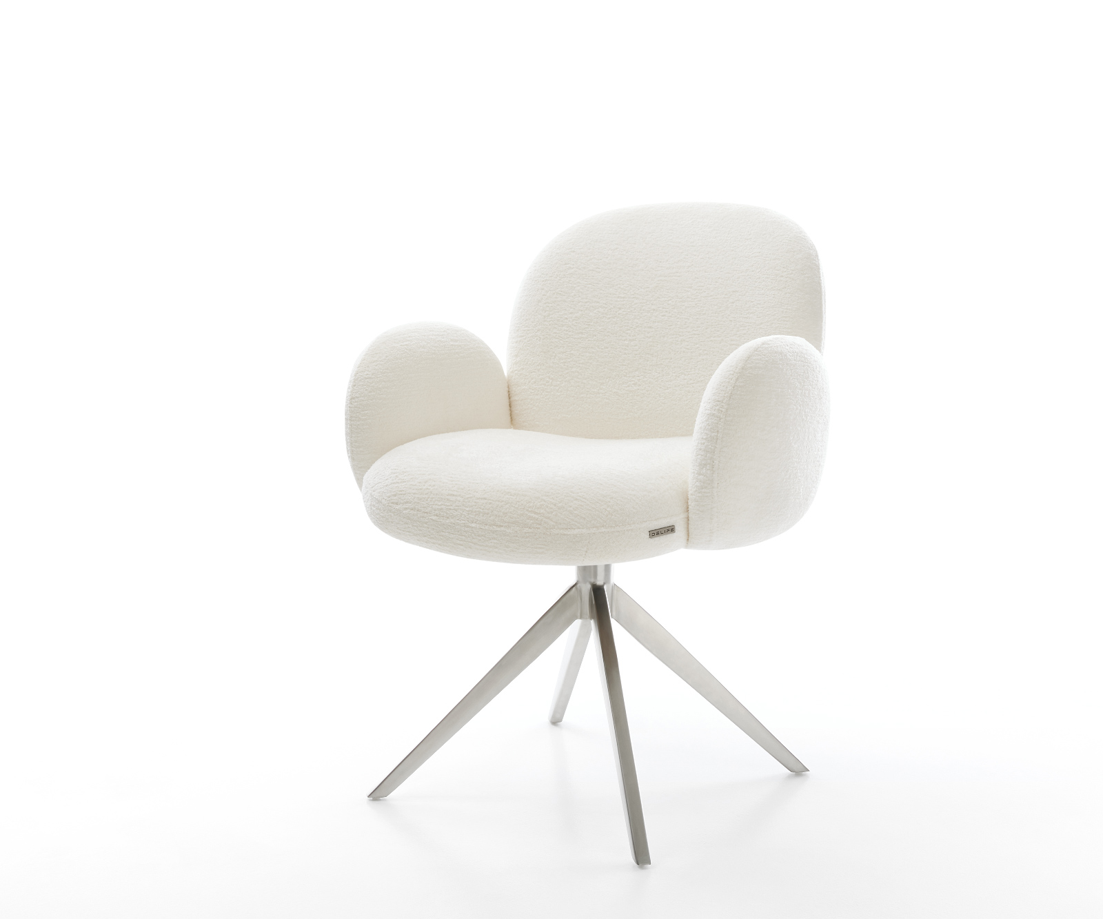 Jídelní židle Nube-Flex s područkami bouclé měkký béžová křížová podnož široká nerezová ocel 360° otočný taštičkové pružiny