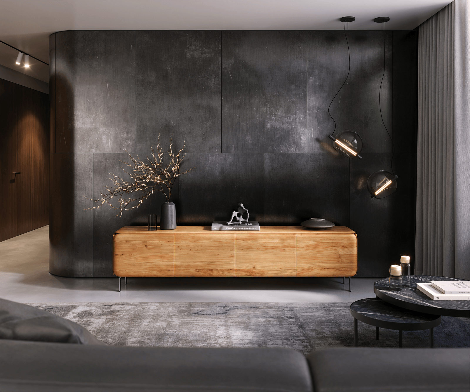 TV stolek Shavani 220 cm akácie přírodní 4 dvířka podnož ve tvaru L nerezová ocel stříbrná - Obrázek 2