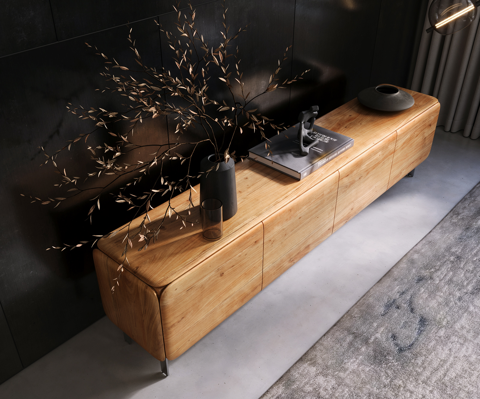 TV stolek Shavani 220 cm akácie přírodní 4 dvířka podnož ve tvaru L nerezová ocel stříbrná - Obrázek 4