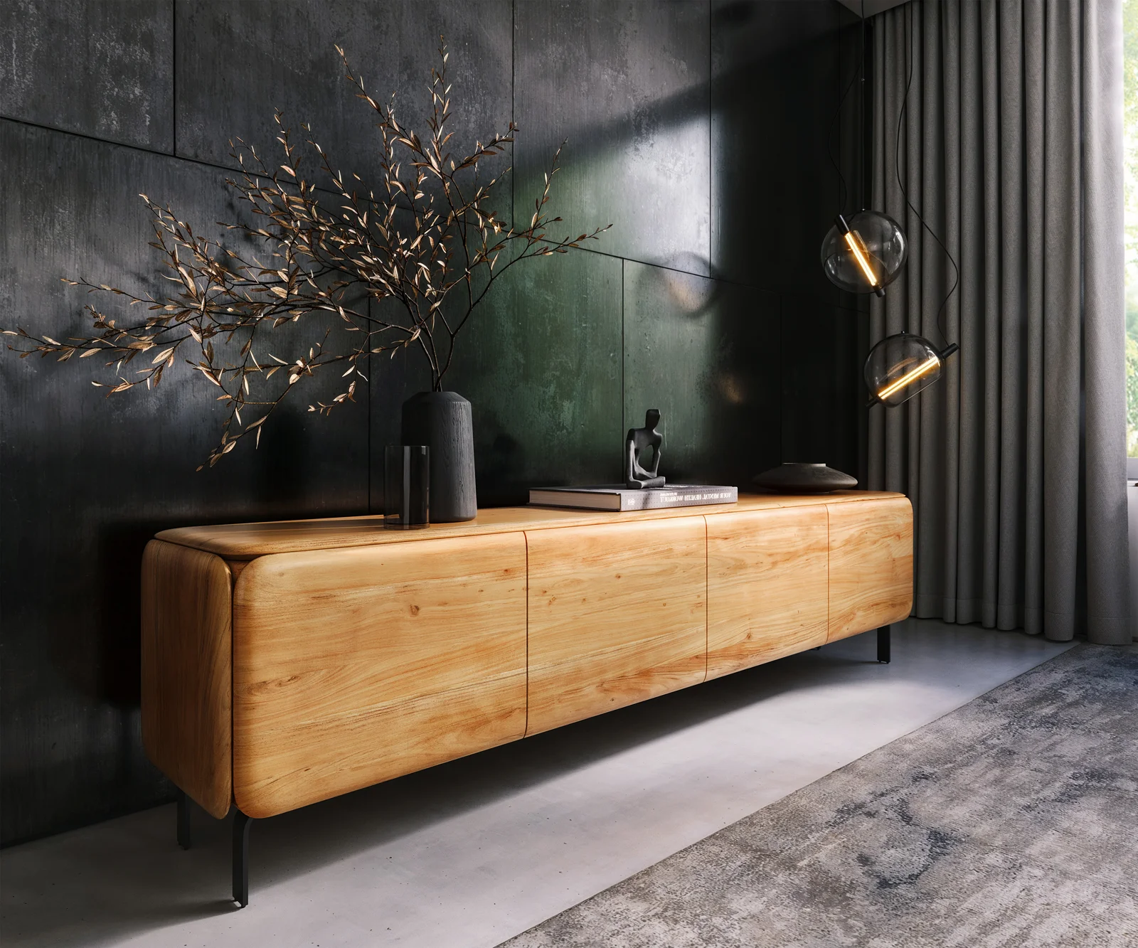 TV stolek Shavani 220 cm akácie přírodní 4 dvířka podnož ve tvaru L kov černá