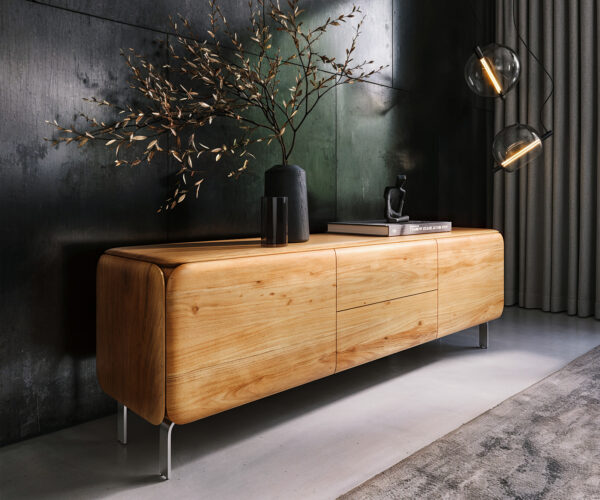 TV stolek Shavani 175 cm akácie přírodní 2 dvířka 2 zásuvky podnož ve tvaru L nerezová ocel stříbrná