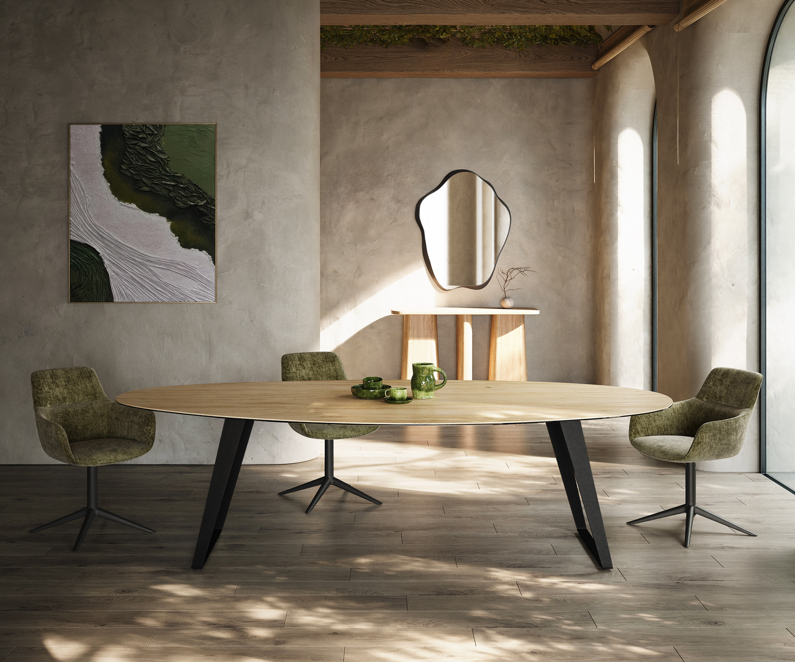 Jídelní stůl Edge oválný 280x130 cm keramika Laminam® Sabbia dubová barva kov šikmý černá - Obrázek 2