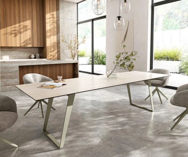 Jídelní stůl Edge 300x100 cm keramika Laminam® Travertino Bianco krémově bílá kov šikmý titanová barva