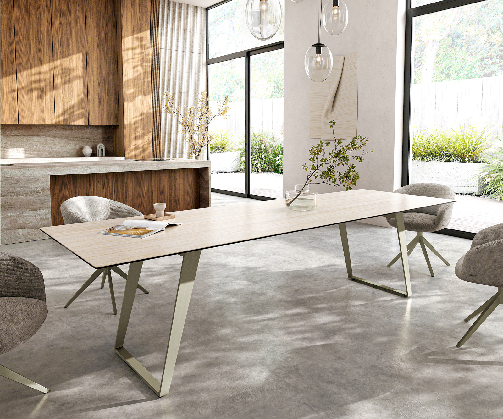 Jídelní stůl Edge 300x100 cm keramika Laminam® Travertino Bianco krémově bílá kov šikmý titanová barva