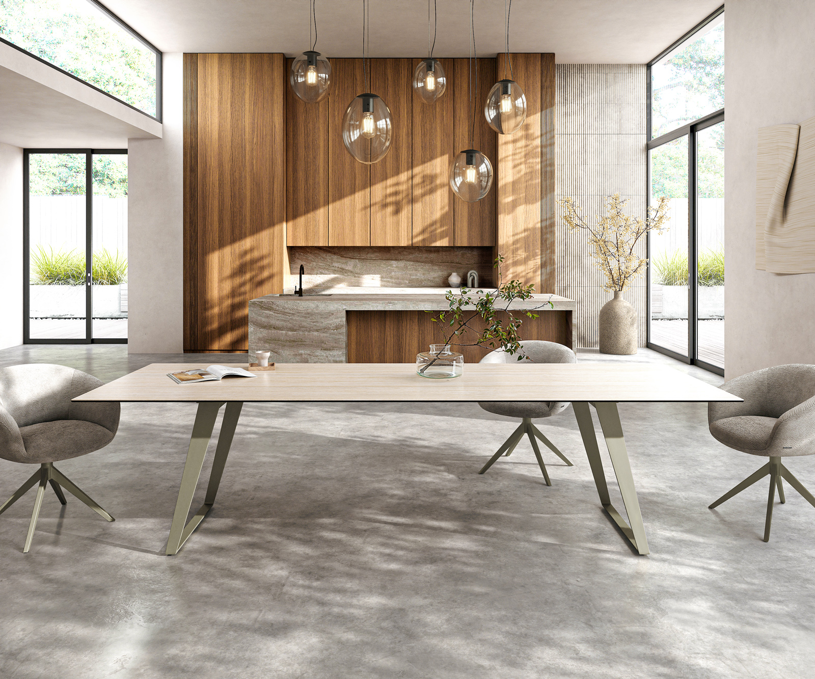 Jídelní stůl Edge 300x100 cm keramika Laminam® Travertino Bianco krémově bílá kov šikmý titanová barva - Obrázek 2