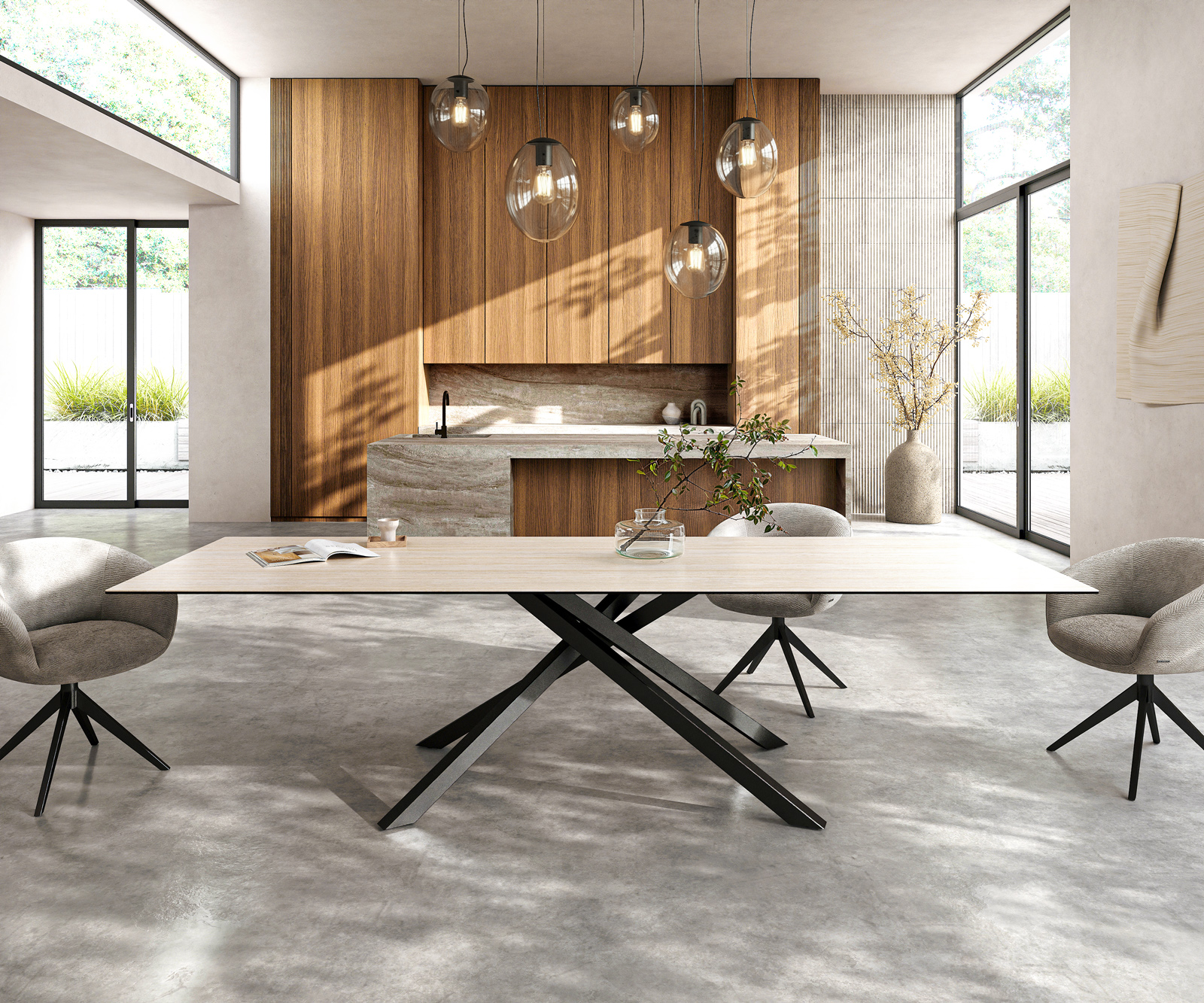 Jídelní stůl Edge 300x100 cm keramika Laminam®Travertino Bianco krémová bílá křížová podnož černá - Obrázek 2