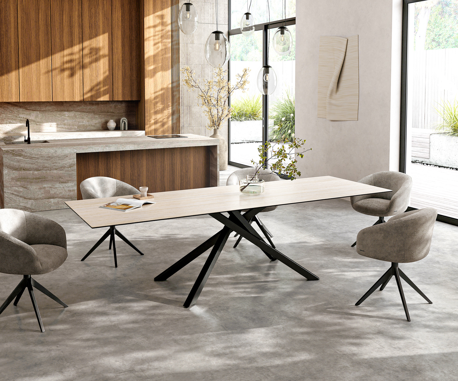 Jídelní stůl Edge 300x100 cm keramika Laminam®Travertino Bianco krémová bílá křížová podnož černá - Obrázek 7