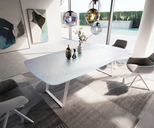 Jídelní stůl Edge oválný 240x120 cm reliéfní sklo perleť 3D design kov šikmý bílý