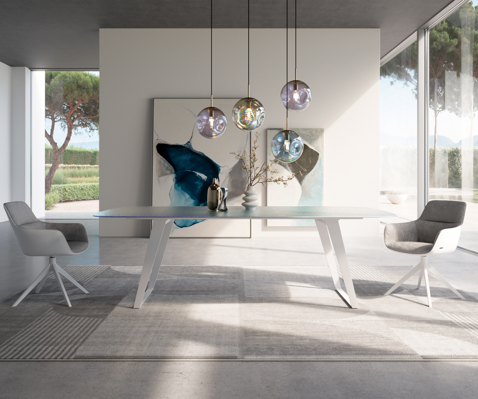 Jídelní stůl Edge oválný 240x120 cm reliéfní sklo perleť 3D design kov šikmý bílý - Obrázek 2