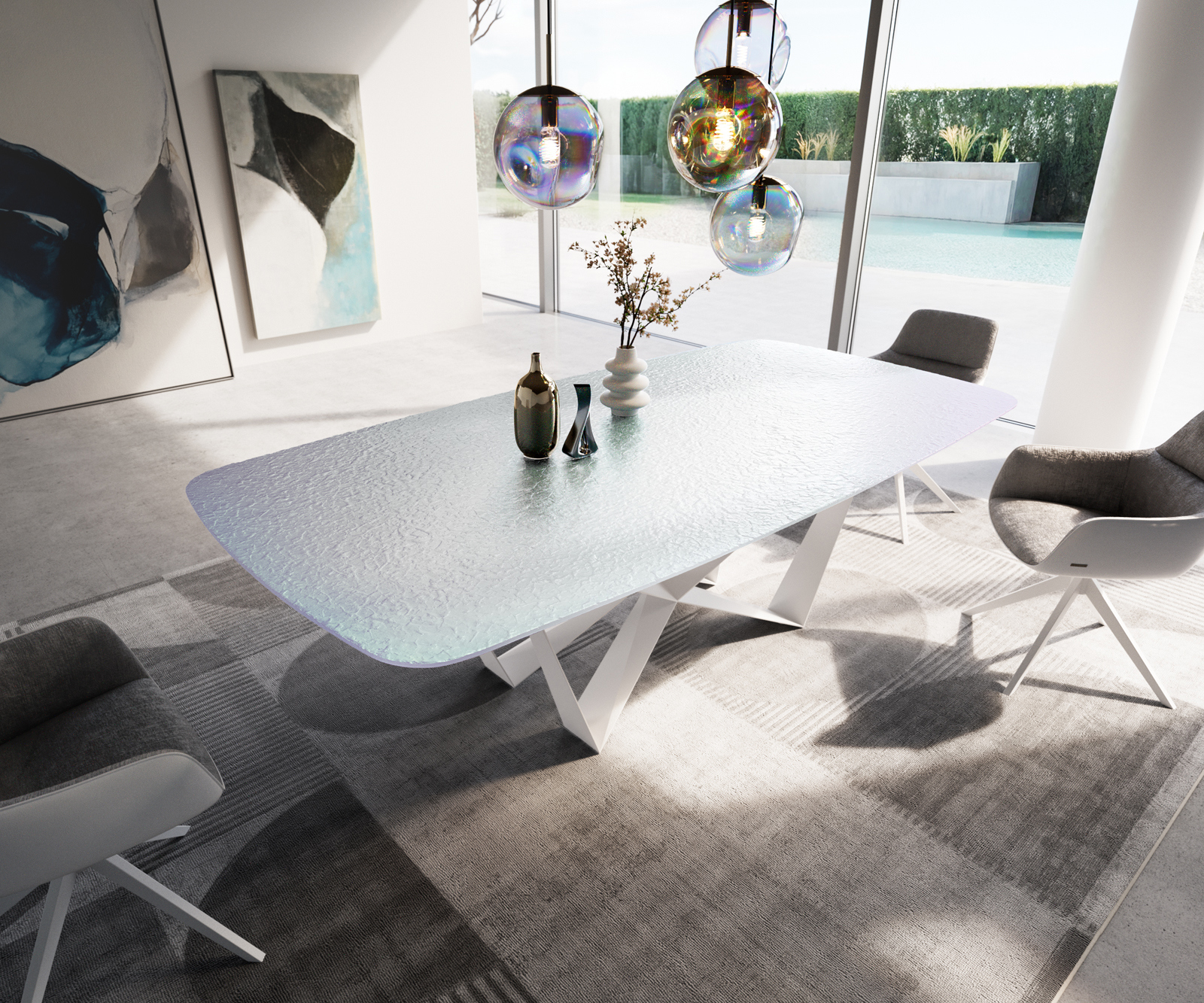 Jídelní stůl Edge Boot 240x120 cm reliéfní sklo perleť 3D design Spider kov bílá