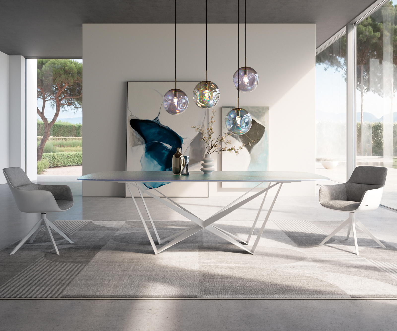 Jídelní stůl Edge Boot 240x120 cm reliéfní sklo perleť 3D design Spider kov bílá - Obrázek 2