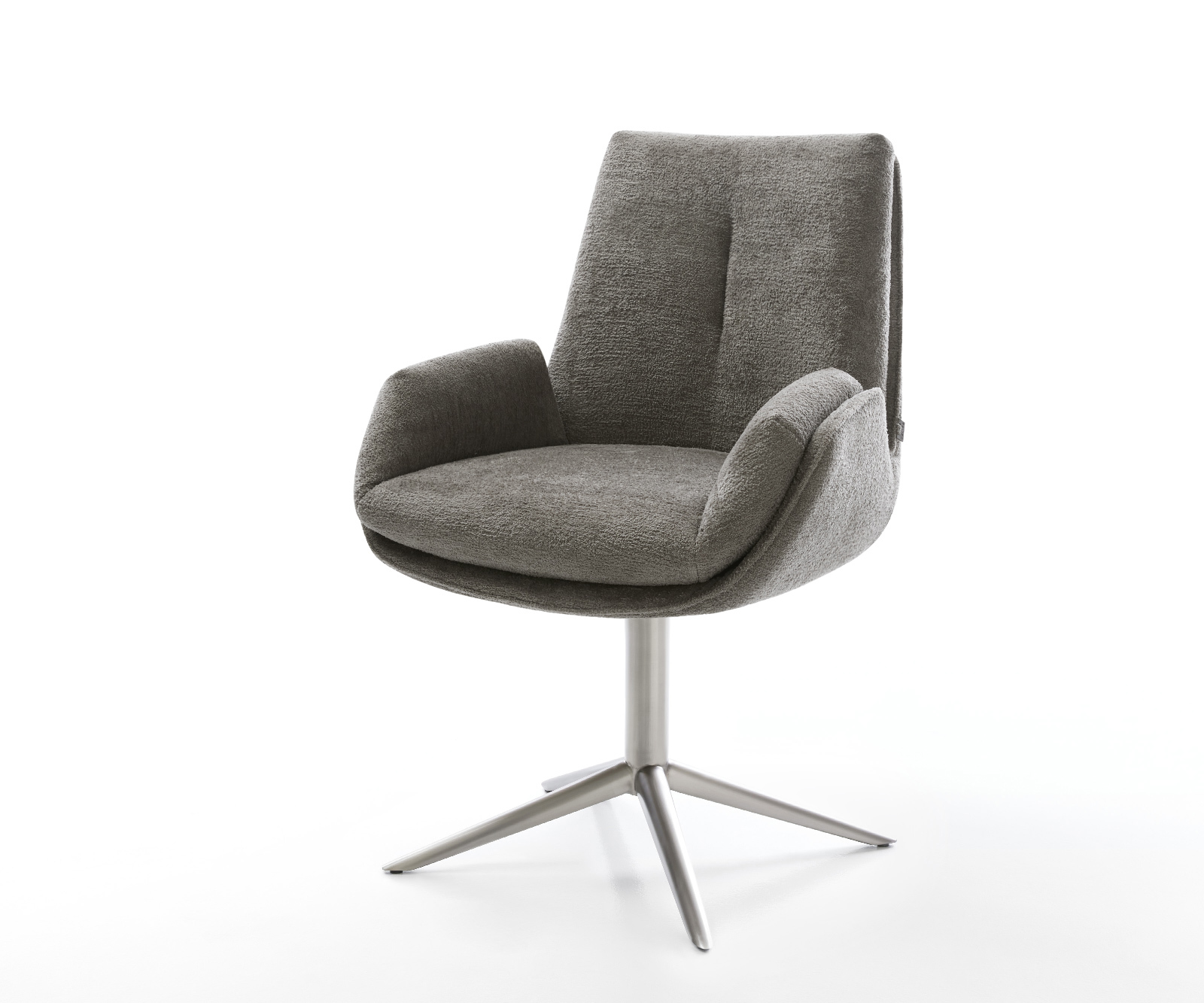 Jídelní židle Clea-Flex bouclé měkký tmavě béžová křížová podnož nerezová ocel 360° otočný houpací funkce