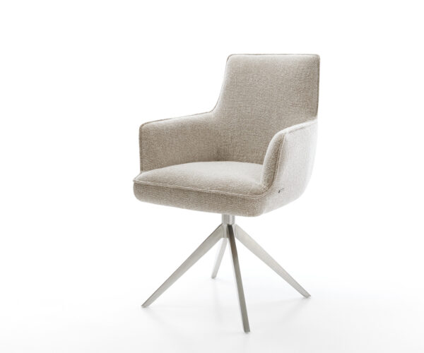 Jídelní židle Heira-Flex s područkami látka Měkký béžová křížová podnož široká nerezová ocel 360° otočný houpací funkce taštičkové pružiny