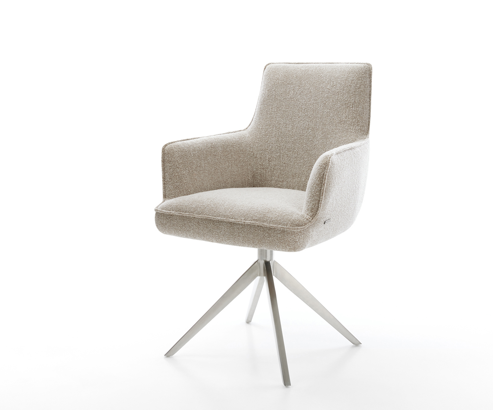 Jídelní židle Heira-Flex s područkami látka Měkký béžová křížová podnož široká nerezová ocel 360° otočný houpací funkce taštičkové pružiny