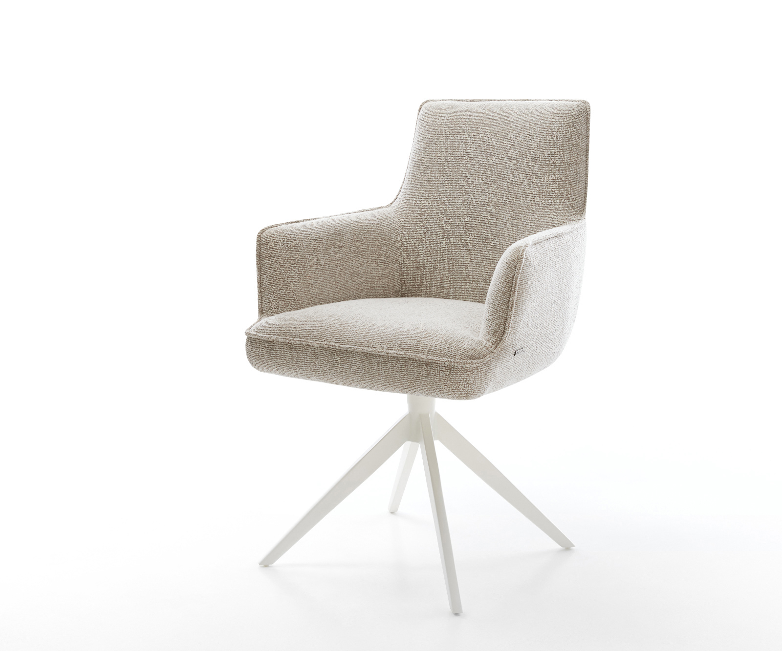 Jídelní židle Heira-Flex s područkami látka Měkký béžová křížová podnož široká bílá 360° otočný houpací funkce taštičkové pružiny