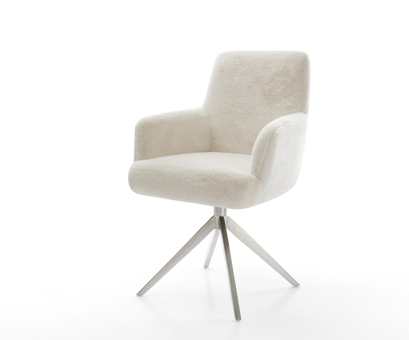 Jídelní židle Heira-Flex s područkami plyšový manšestr krémová bílá široká nerezová ocel křížová podnož otočný 360° houpací funkce taštičkové pružiny