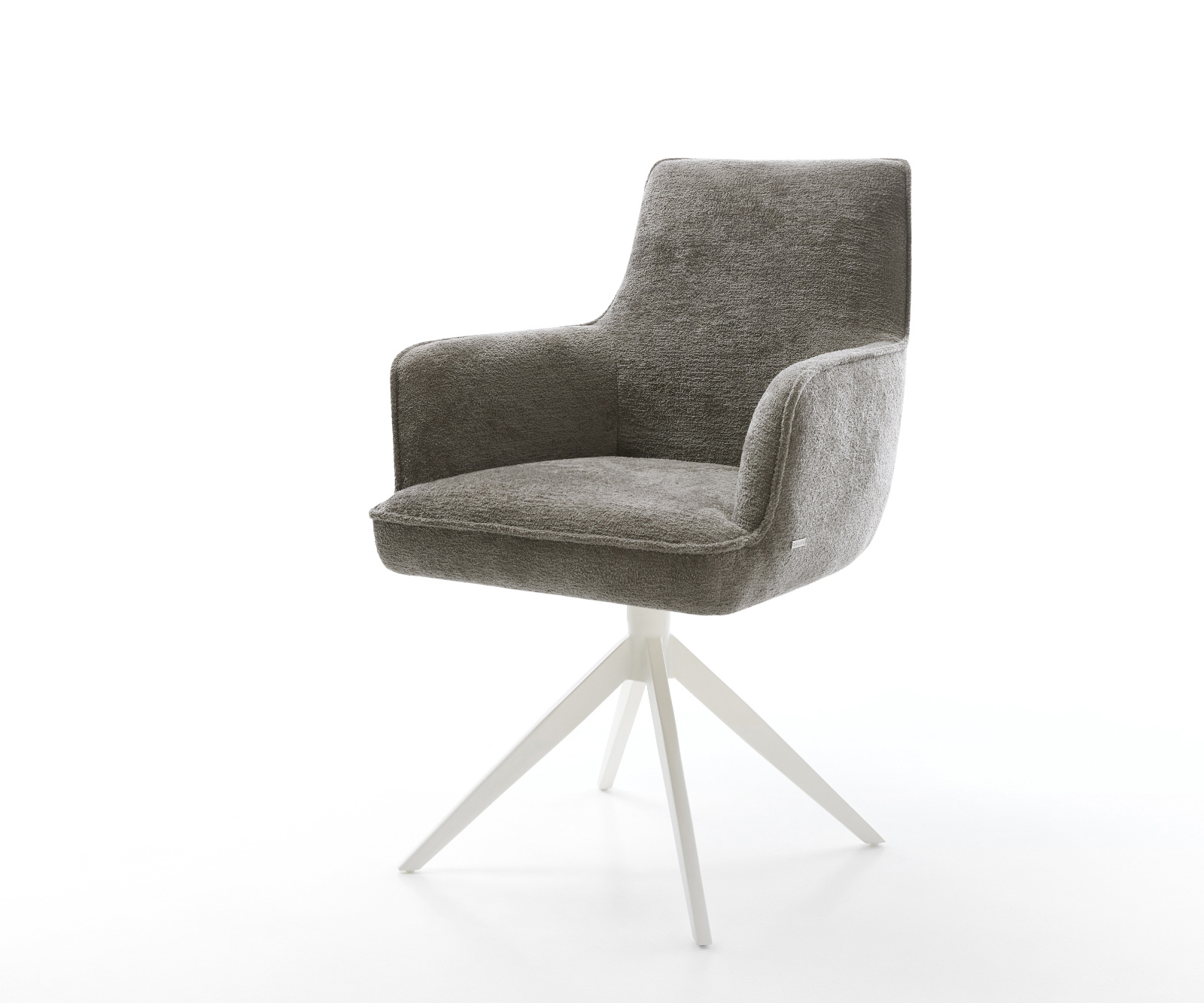 Jídelní židle Heira-Flex s područkami bouclé měkký tmavě béžová křížová podnož široká bílá 360° otočná houpací funkce taštičkové pružiny