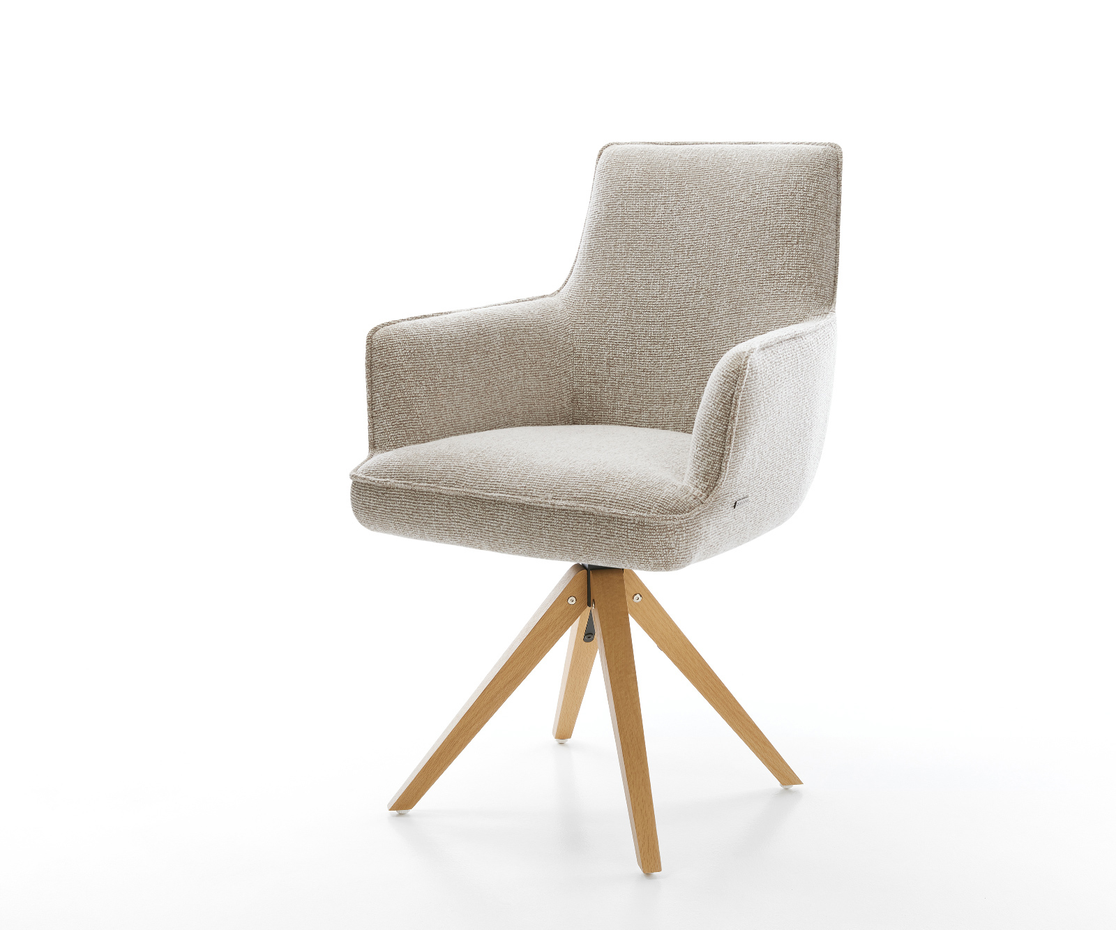 Jídelní židle Heira-Flex s područkami tkanina Měkký béžová dřevěná podnož hranatá přírodní 180° otočný taštičkové pružiny