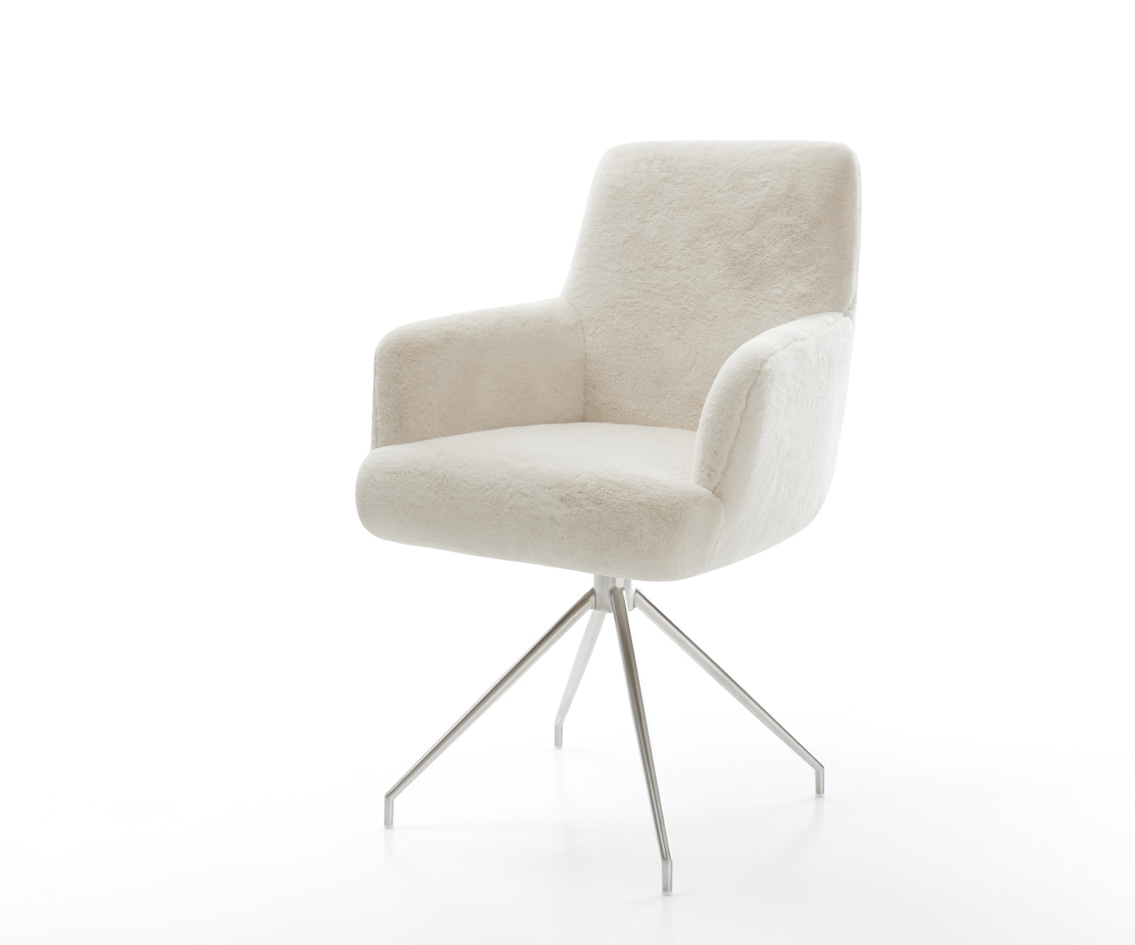 Jídelní židle Heira-Flex s područkami plyšový krémovo-bílá křížová podnož zúžená nerezová ocel taštičkové pružiny