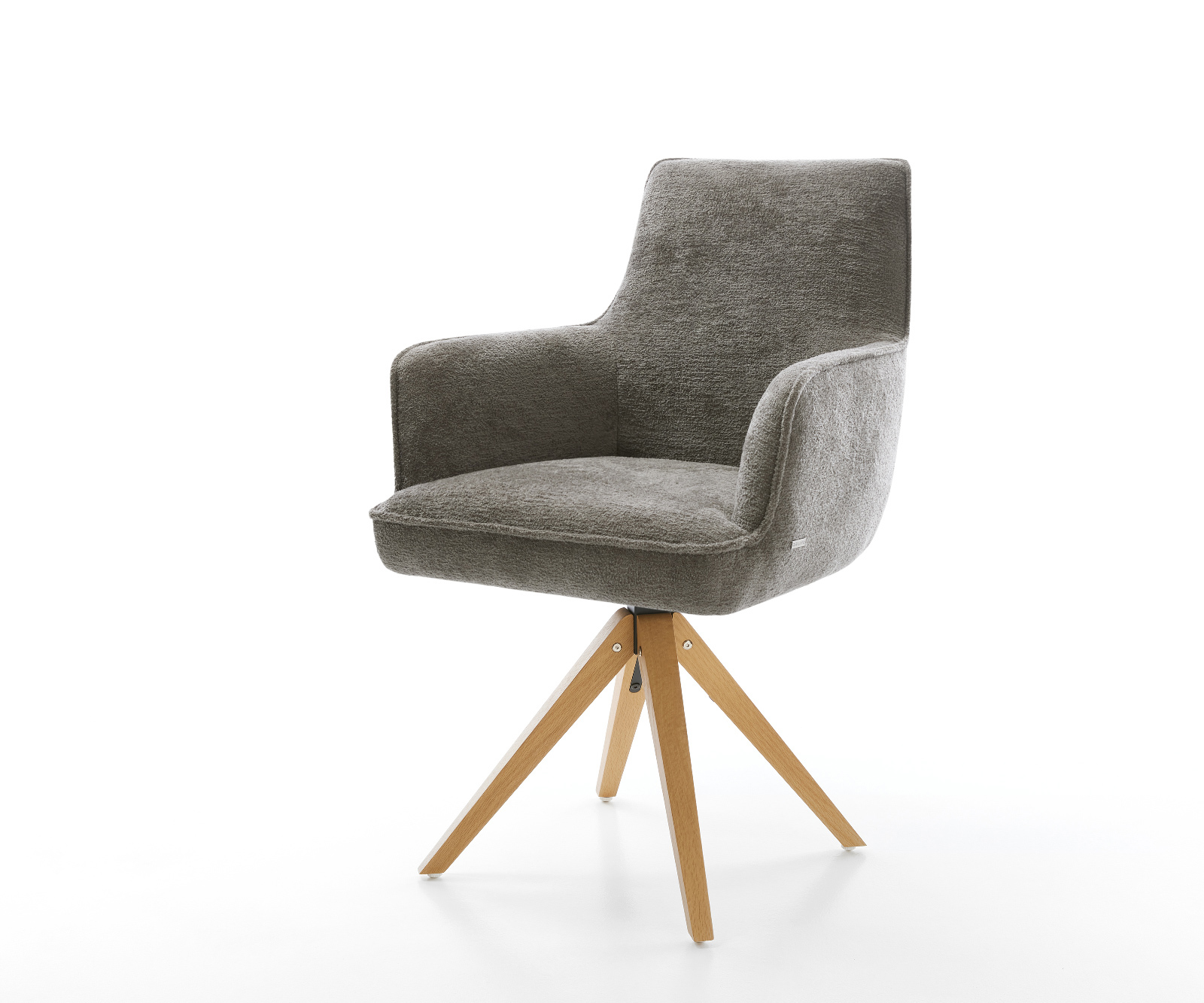 Jídelní židle Heira-Flex s područkami bouclé měkký tmavě béžová dřevěná podnož hranatá přírodní 180° otočný taštičkové pružiny