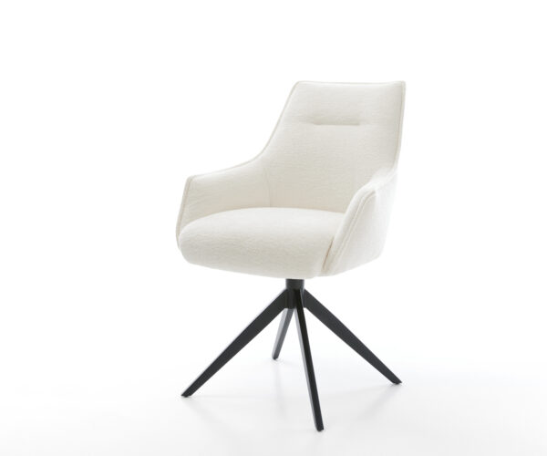 Jídelní židle Alja-Flex s područkami bouclé měkký béžová křížová podnož široká černá 360° otočný houpací funkce taštičkové pružiny