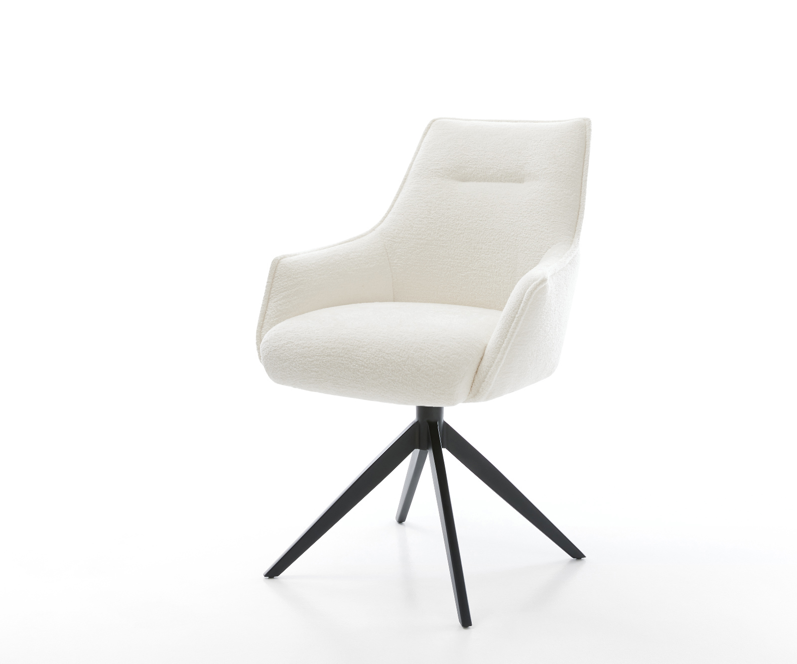 Jídelní židle Alja-Flex s područkami bouclé měkký béžová křížová podnož široká černá 360° otočný houpací funkce taštičkové pružiny