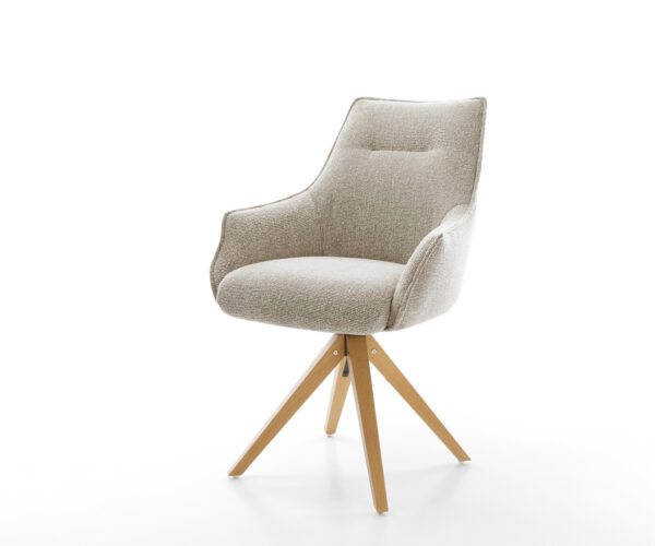 Jídelní židle Alja-Flex s područkami látka Měkký béžová dřevěná podnož hranatý přírodní 180° otočný taštičkové pružiny