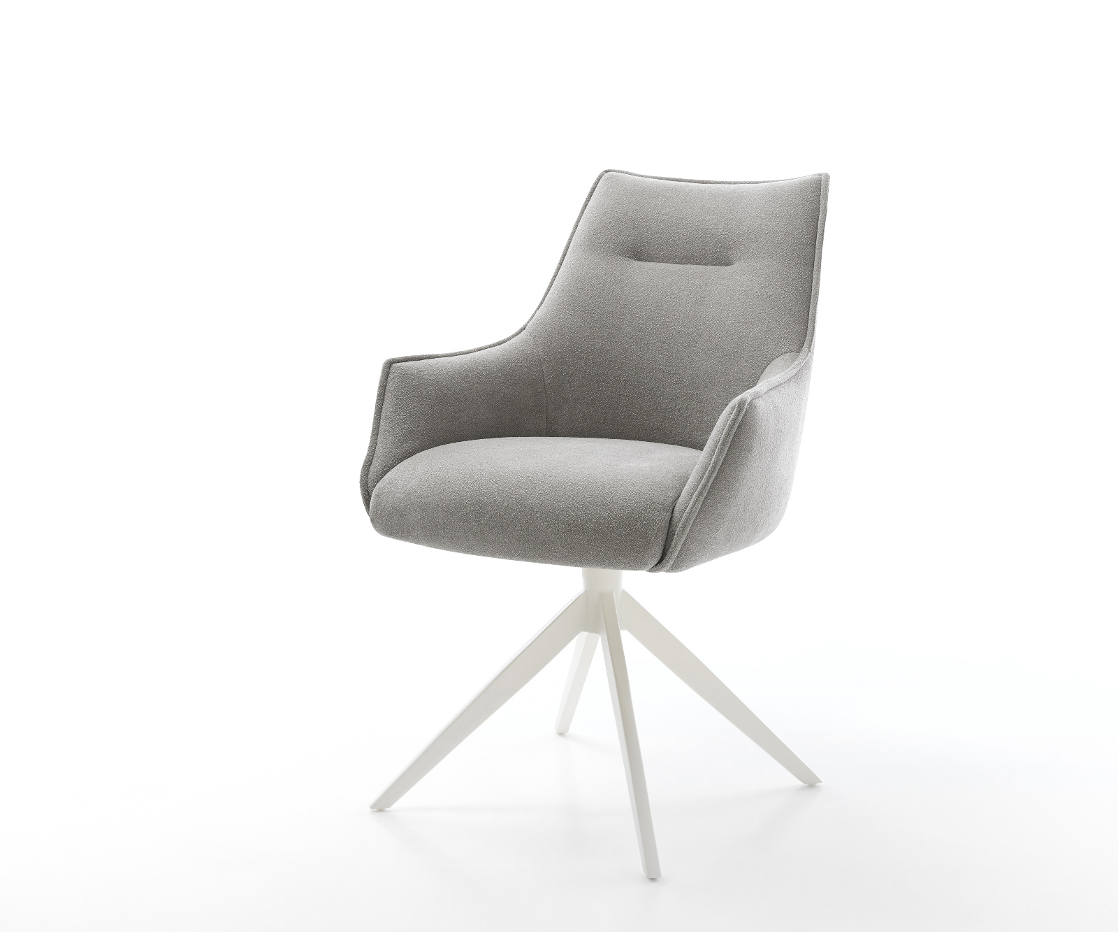 Jídelní židle Alja-Flex s područkami potahová látka Měkký šedá křížová podnož široká bílá 360° otočný houpací funkce taštičkové pružiny