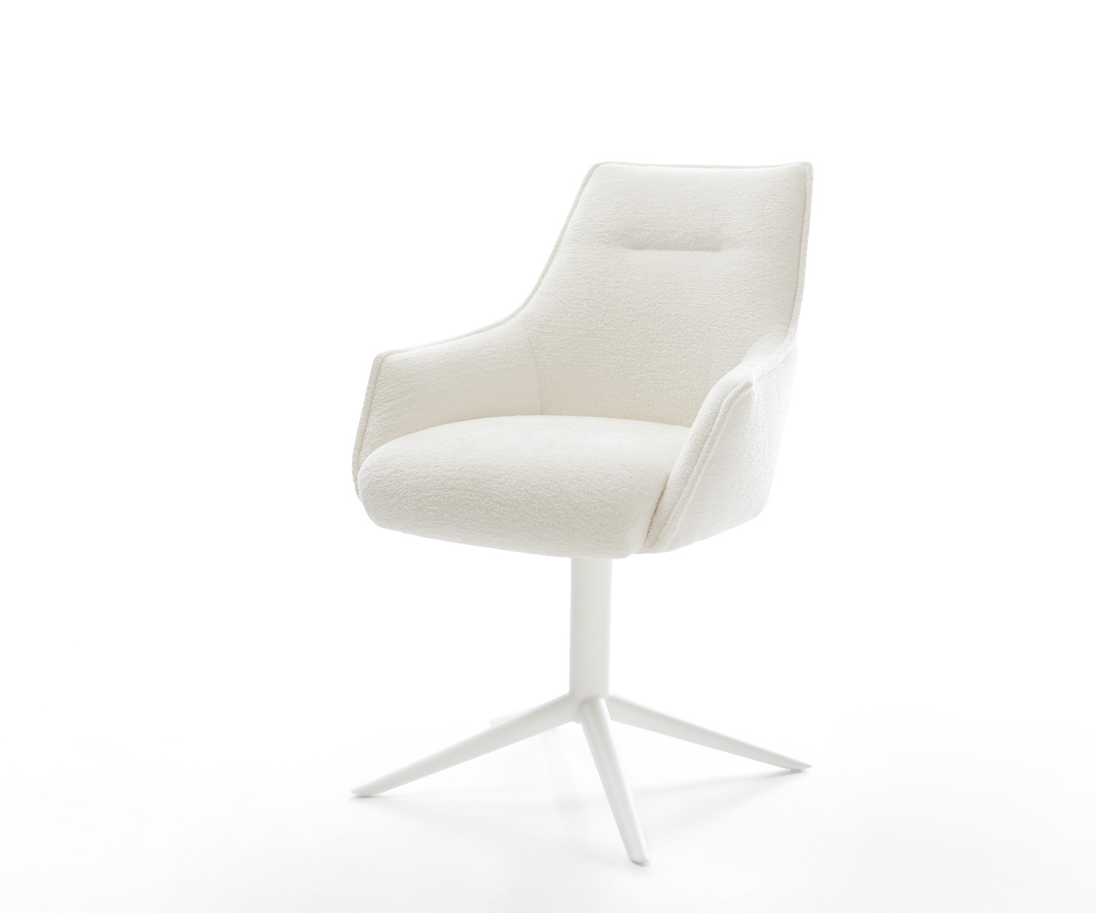 Jídelní židle Alja-Flex s područkami bouclé měkký béžová podnož křížová bílá 360° otočný houpací funkce taštičkové pružiny