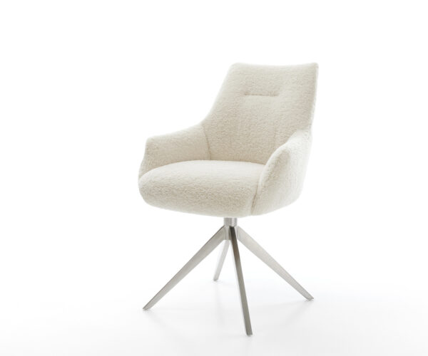 Jídelní židle Alja-Flex s područkami plyšový manšestr béžová křížová podnož široká nerezová ocel 360° otočný houpací funkce taštičkové pružiny