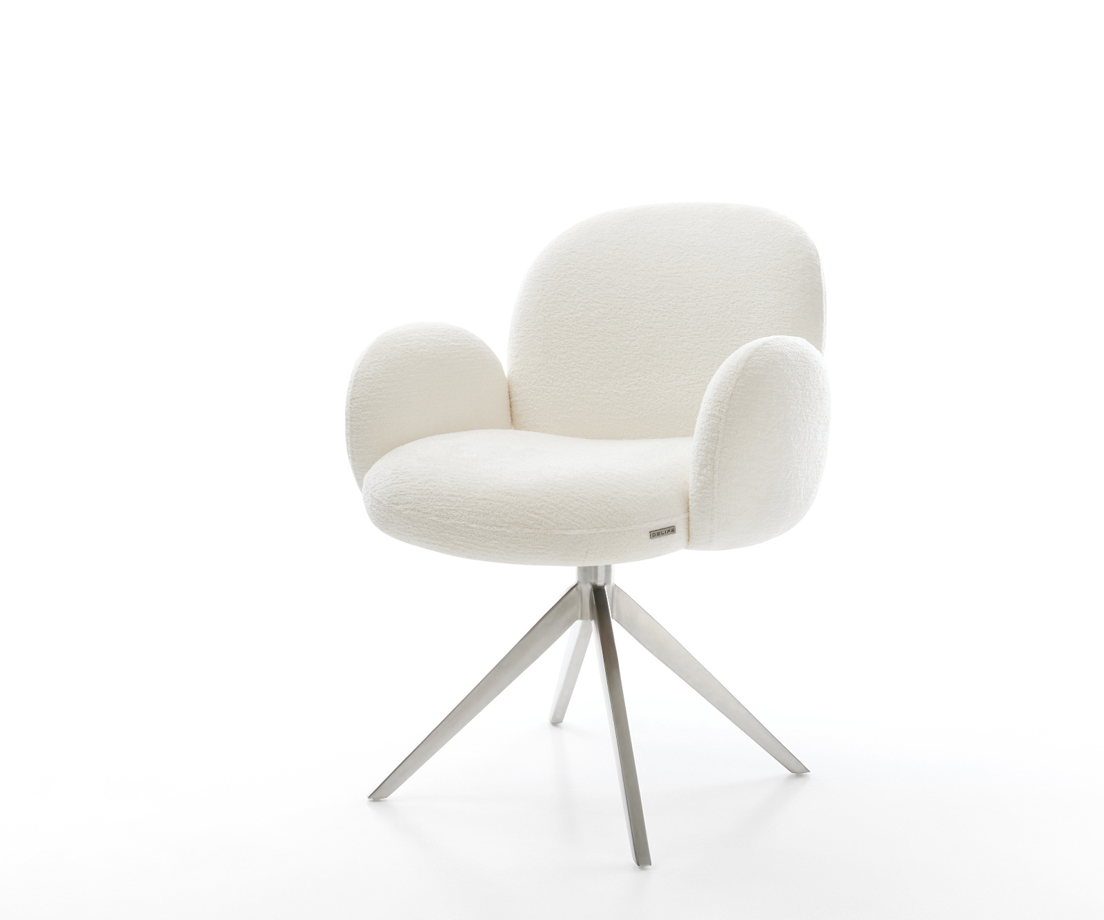 Jídelní židle Nube-Flex s područkami bouclé měkký béžová křížová podnož široká nerezová ocel 360° otočný houpací funkce taštičkové pružiny