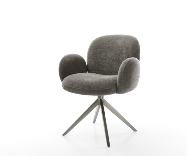 Jídelní židle Nube-Flex s područkami bouclé měkký tmavě béžová křížová podnož široká grafitová otočná 360° houpací funkce taštičkové pružiny