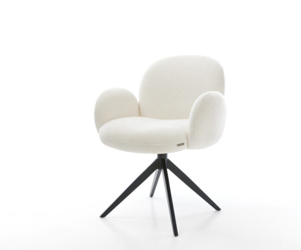 Jídelní židle Nube-Flex s područkami bouclé měkký béžová křížová podnož široká černá 360° otočný houpací funkce taštičkové pružiny