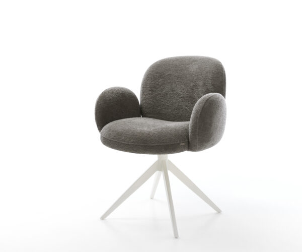 Jídelní židle Nube-Flex s područkami bouclé měkký tmavě béžová křížová podnož široká bílá otočná 360° houpací funkce taštičkové pružiny