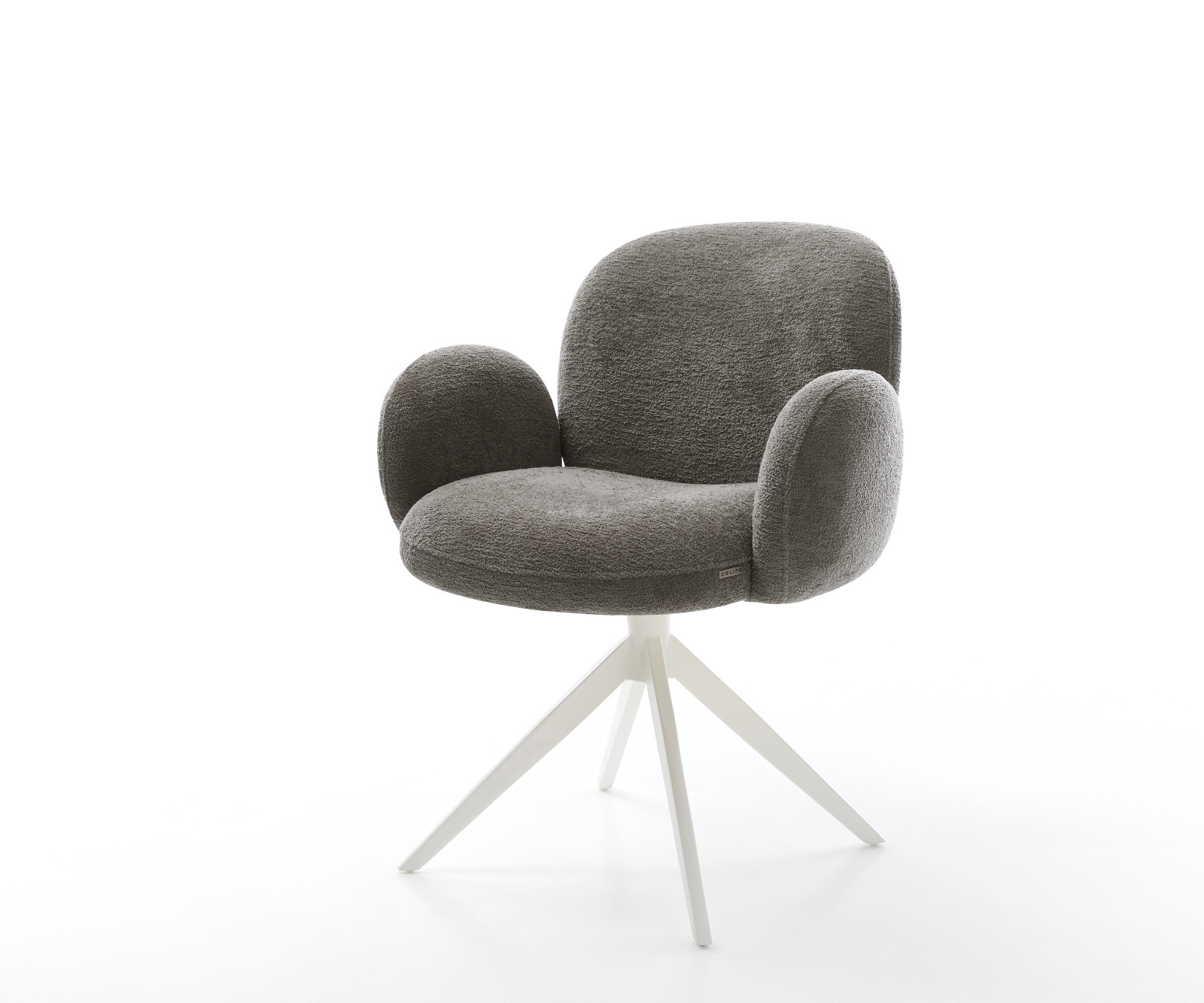 Jídelní židle Nube-Flex s područkami bouclé měkký tmavě béžová křížová podnož široká bílá otočná 360° houpací funkce taštičkové pružiny