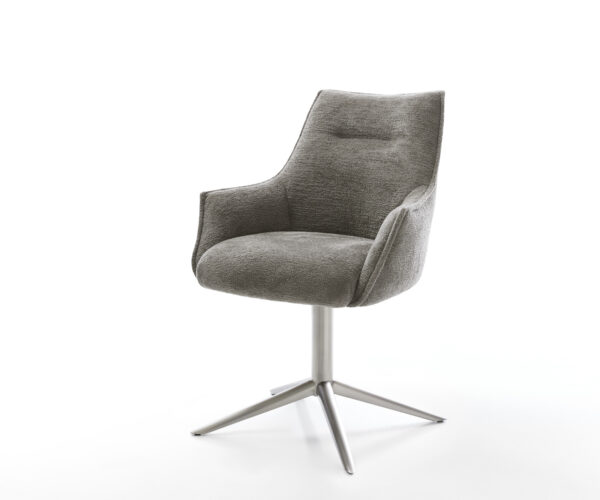 Jídelní židle Alja-Flex s područkami bouclé měkký tmavě béžová křížová podnož nerezová ocel 360° otočný houpací funkce taštičkové pružiny