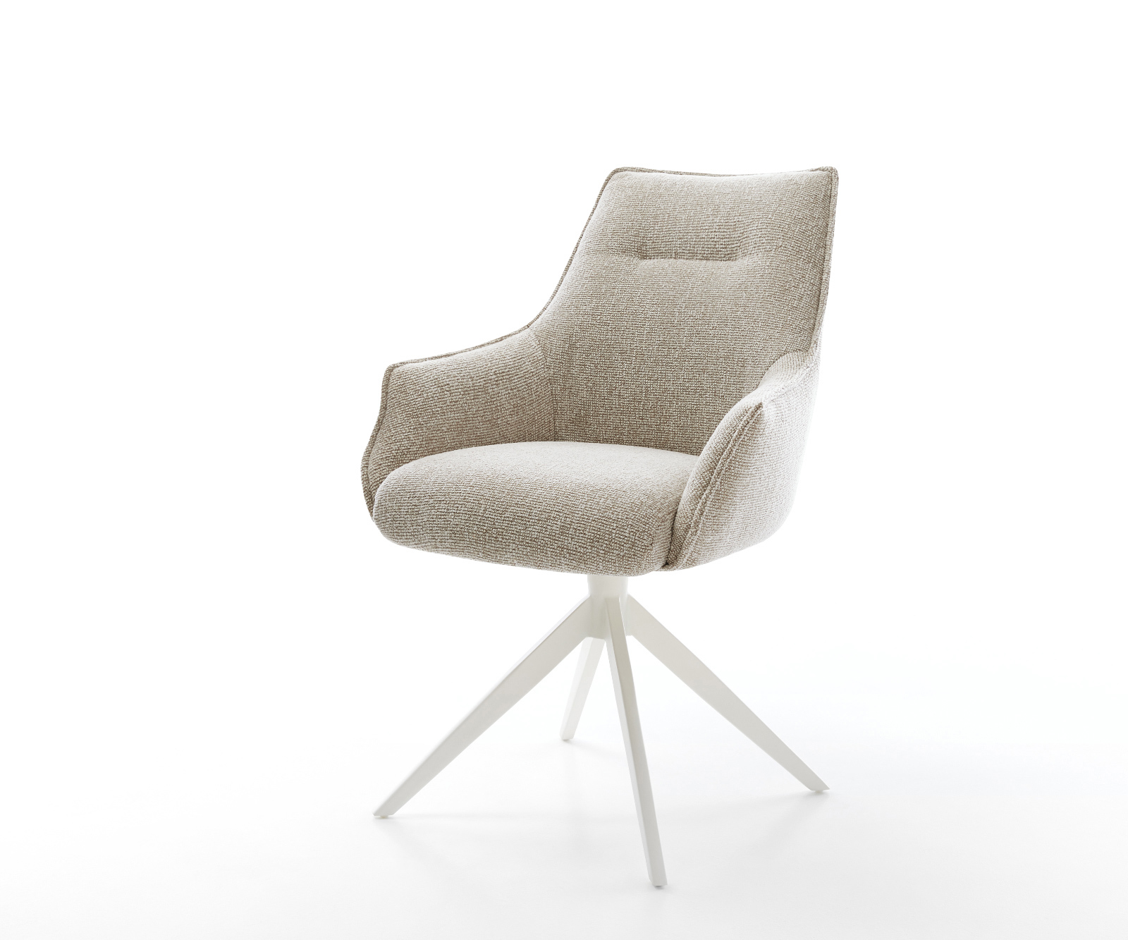 Jídelní židle Alja-Flex s područkami látka Měkký béžová křížová podnož široká bílá otočný 360° houpací funkce taštičkové pružiny