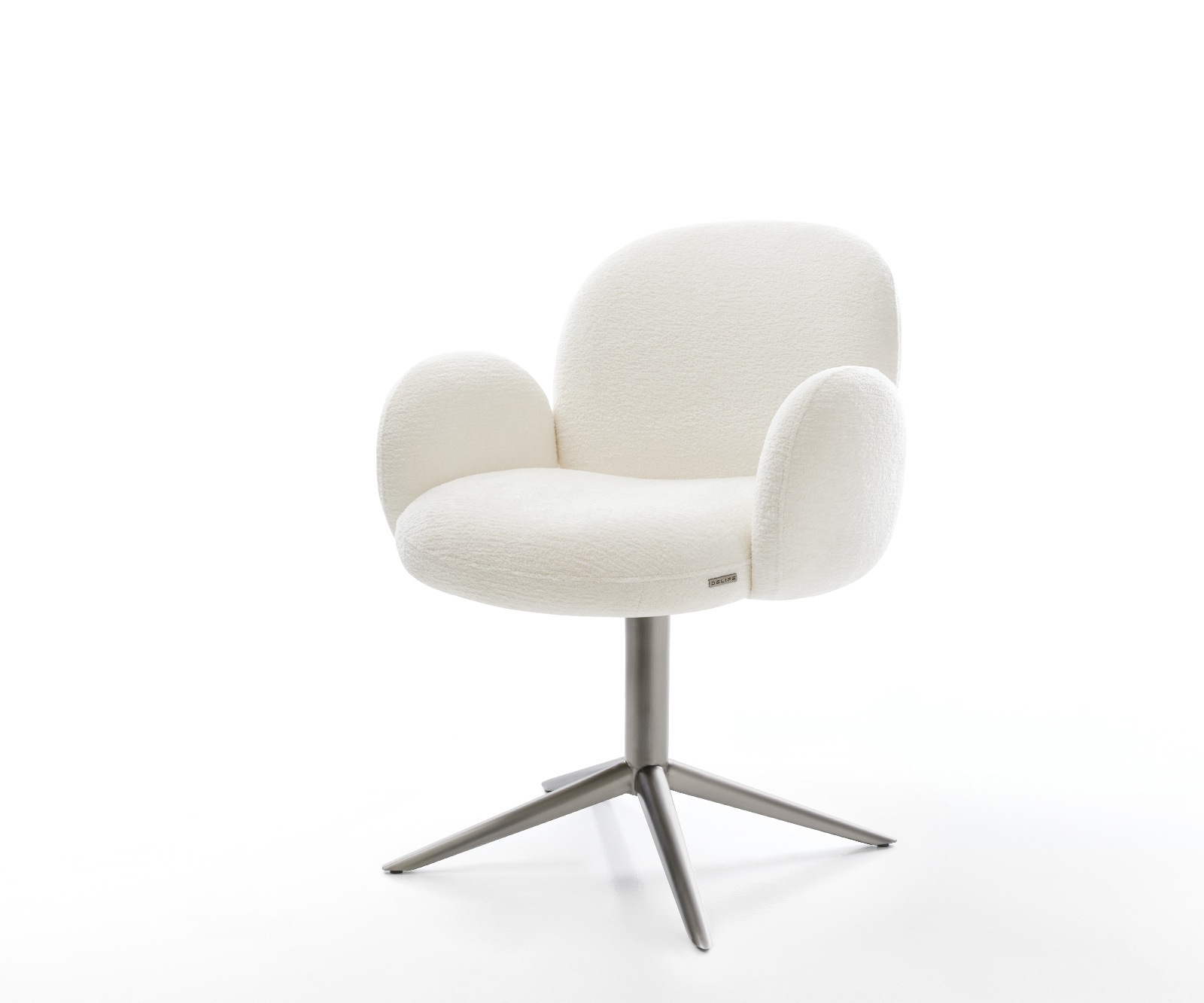 Jídelní židle Nube-Flex s područkami bouclé měkký béžová křížová podnož grafitová 360° otočný houpací funkce taštičkové pružiny