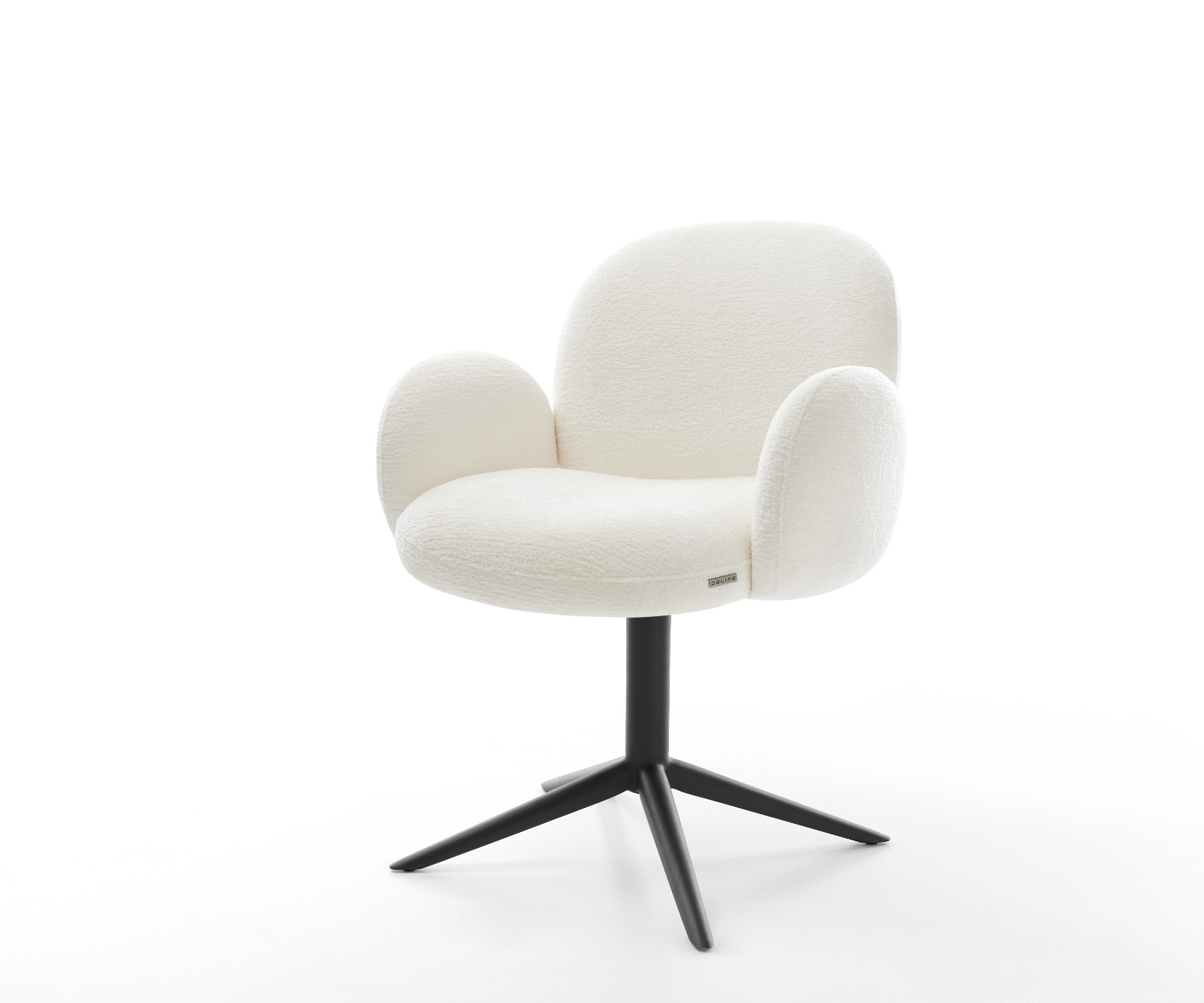 Jídelní židle Nube-Flex s područkami bouclé měkký béžová křížová podnož černá 360° otočný houpací funkce taštičkové pružiny