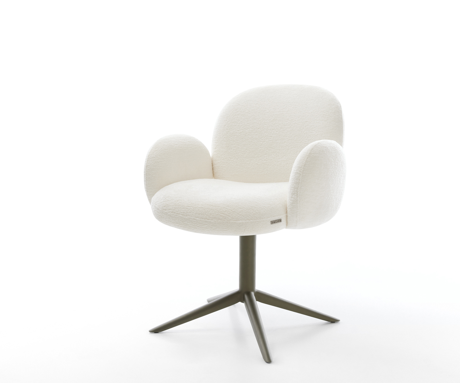 Jídelní židle Nube-Flex s područkami bouclé měkký béžová křížová podnož titanová barva 360° otočný houpací funkce taštičkové pružiny