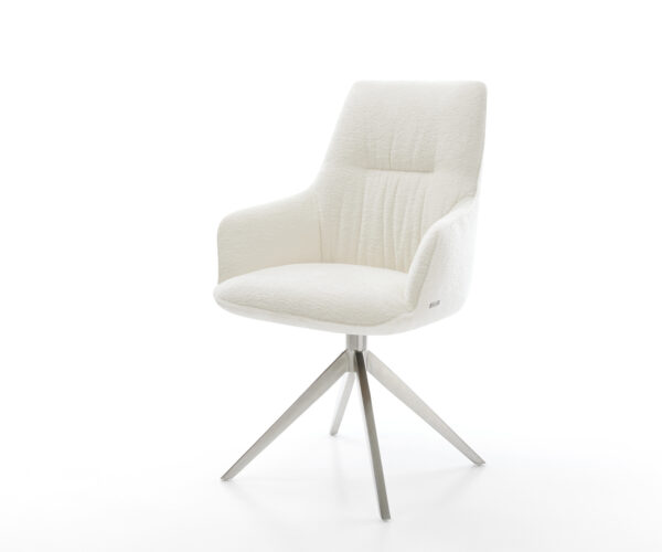 Jídelní židle Zelia-Flex s područkami bouclé měkký béžová křížová podnož široká nerezová ocel 360° otočný houpací funkce taštičkové pružiny