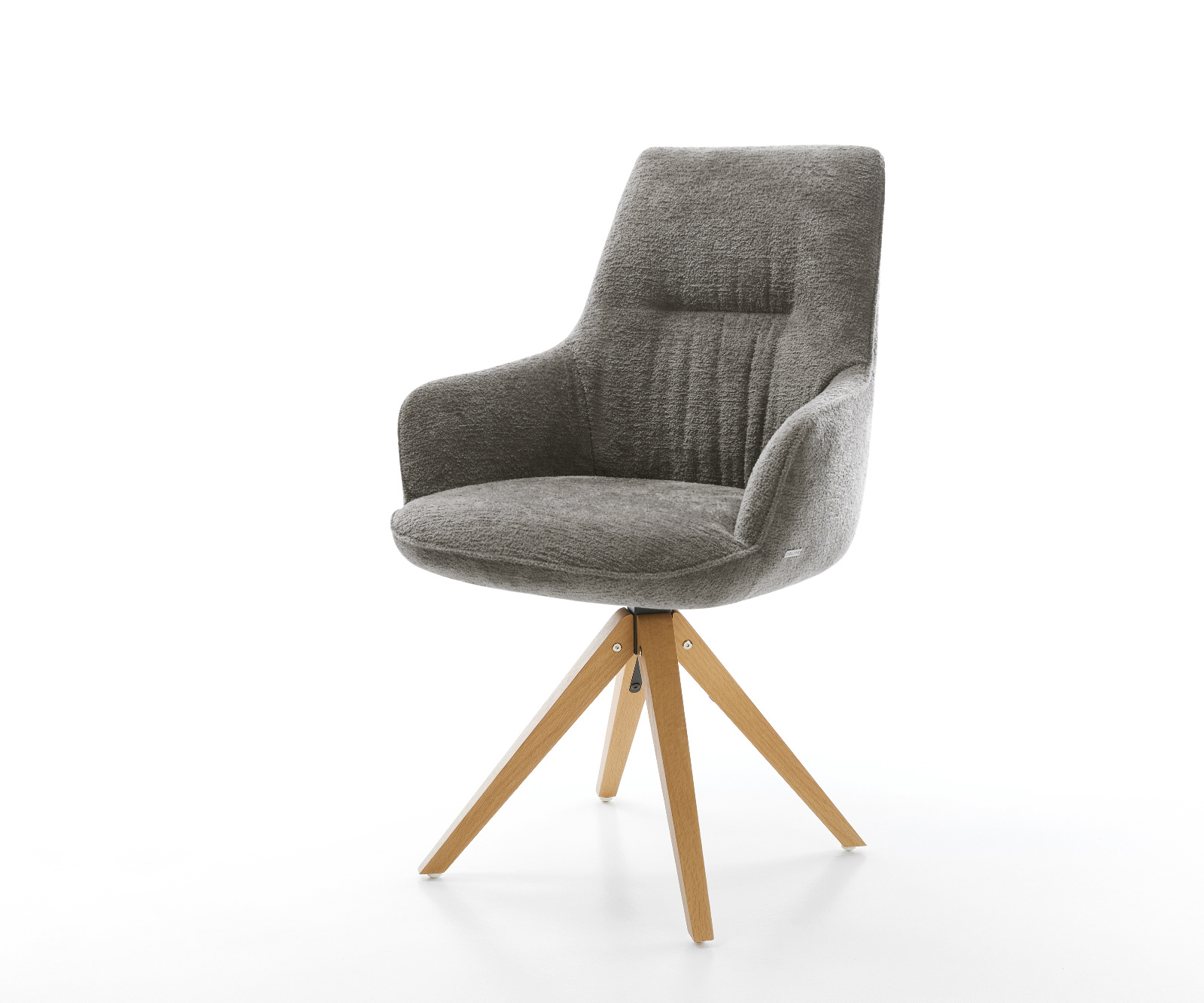 Jídelní židle Zelia-Flex s područkami bouclé měkký tmavě béžová dřevěná podnož hranatá přírodní 180° otočná taštičkové pružiny