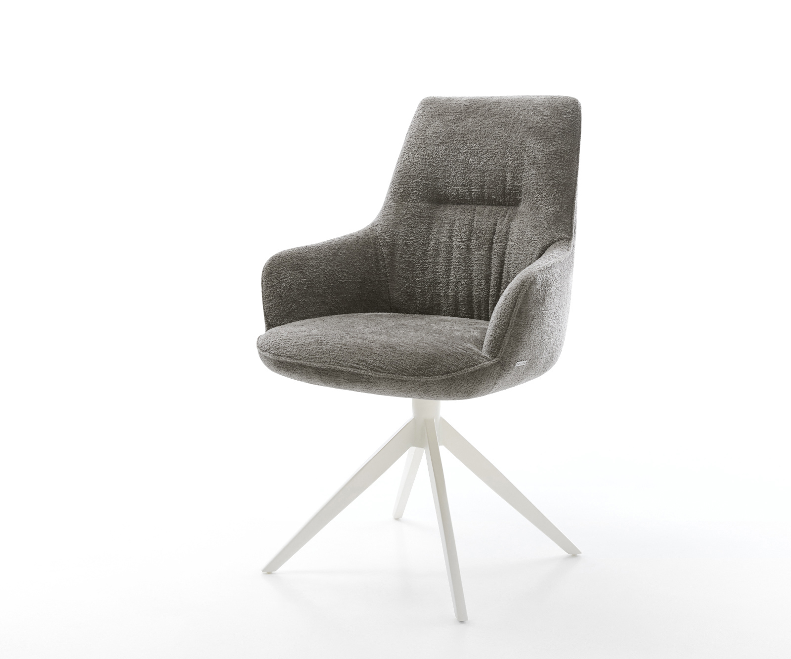 Jídelní židle Zelia-Flex s područkami bouclé měkký tmavě béžová křížová podnož široká bílá otočná 360° houpací funkce taštičkové pružiny