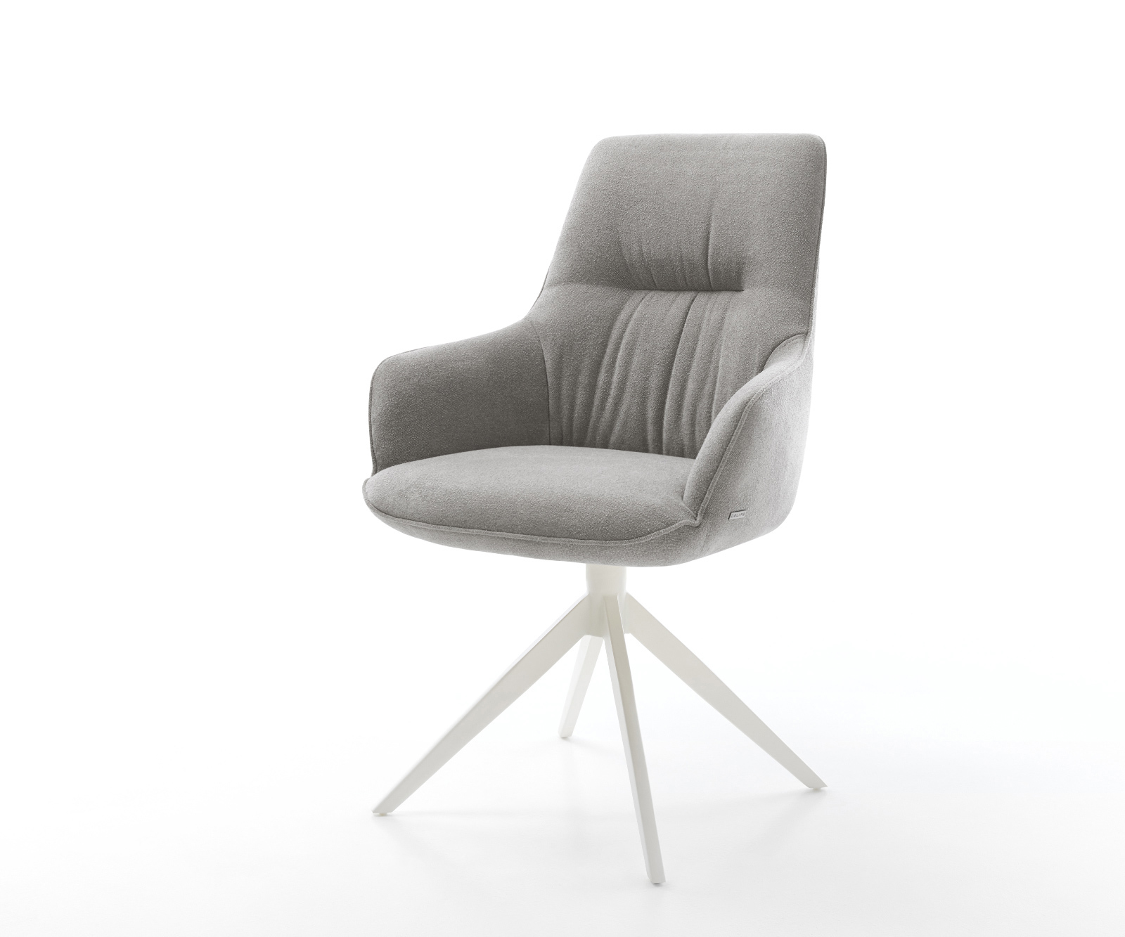 Jídelní židle Zelia-Flex s područkami potahová látka Měkký šedá křížová podnož široká bílá 360° otočná houpací funkce taštičkové pružiny