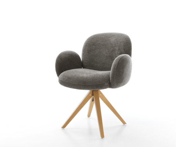 Jídelní židle Nube-Flex s područkami bouclé měkký tmavě béžová dřevěná podnož hranatá přírodní 180° otočný taštičkové pružiny