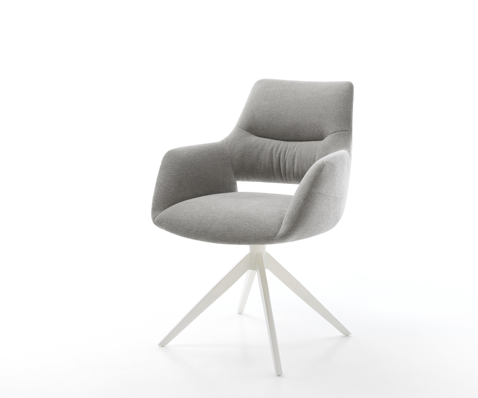 Jídelní židle Yago-Flex s područkami potahová látka Měkký šedá křížová podnož široká bílá 360° otočný houpací funkce taštičkové pružiny