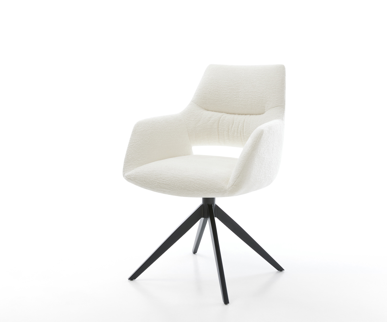 Jídelní židle Yago-Flex s područkami bouclé měkký béžová křížová podnož široká černá 360° otočný houpací funkce taštičkové pružiny