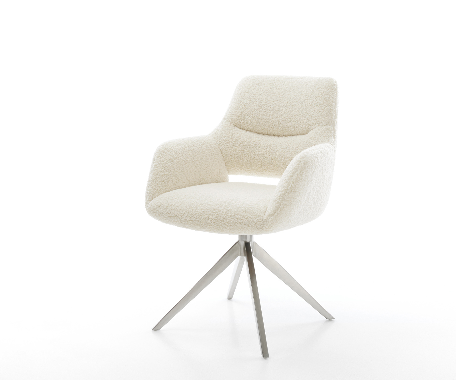 Jídelní židle Yago-Flex s područkami plyšový manšestr béžová křížová podnož široká nerezová ocel otočný 360° houpací funkce taštičkové pružiny