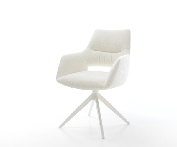 Jídelní židle Yago-Flex s područkami bouclé měkký béžová křížová podnož široká bílá 360° otočná houpací funkce taštičkové pružiny