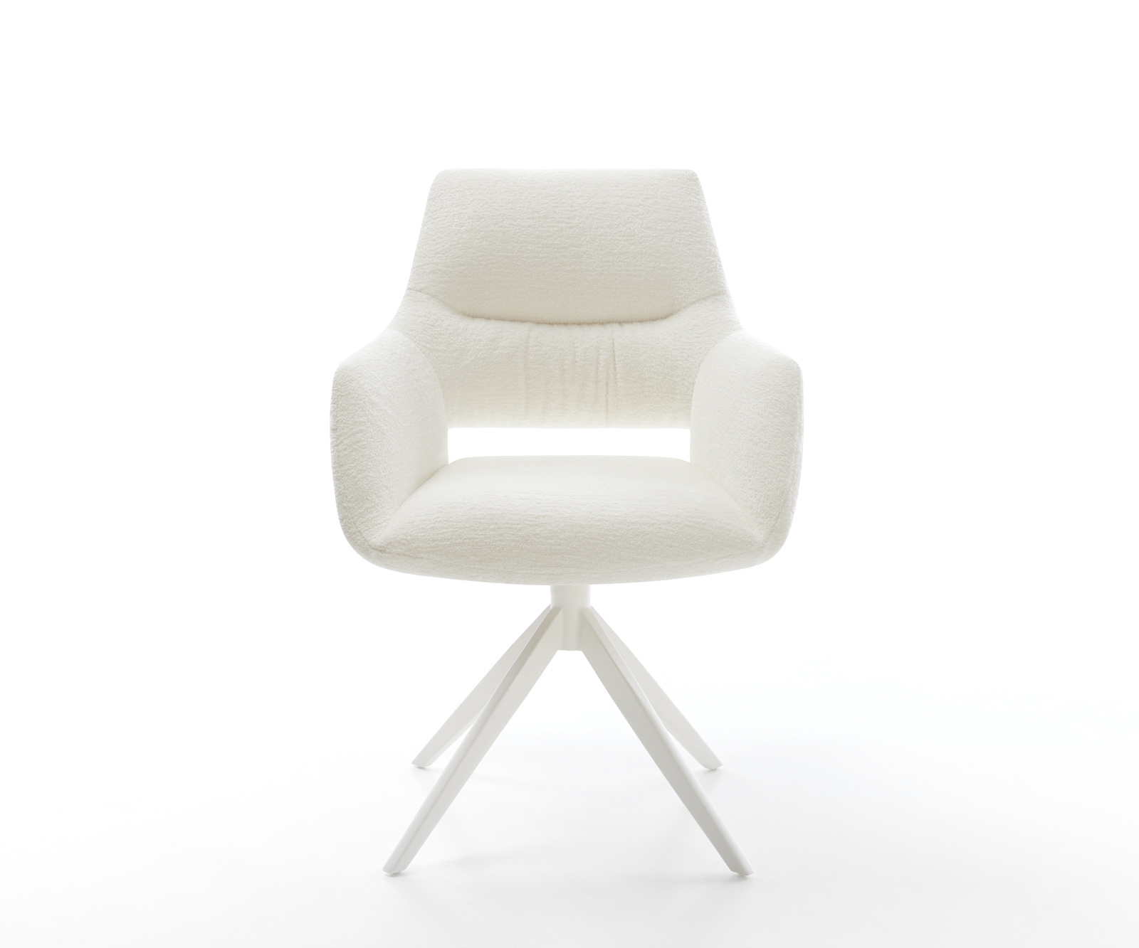 Jídelní židle Yago-Flex s područkami bouclé měkký béžová křížová podnož široká bílá 360° otočná houpací funkce taštičkové pružiny - Obrázek 2